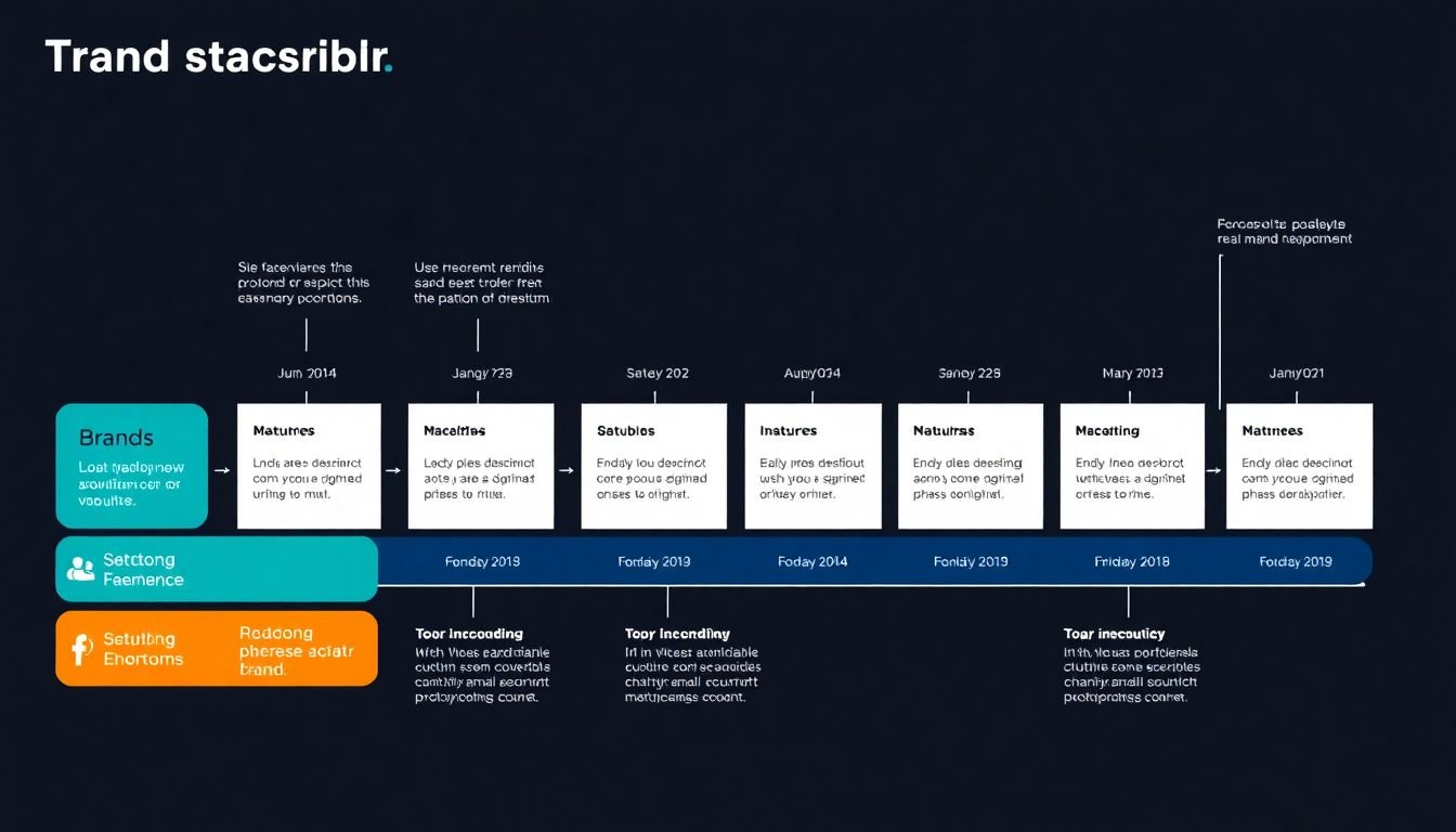 A graph showing a brand's evolution over time, with key milestones and updates highlighted.