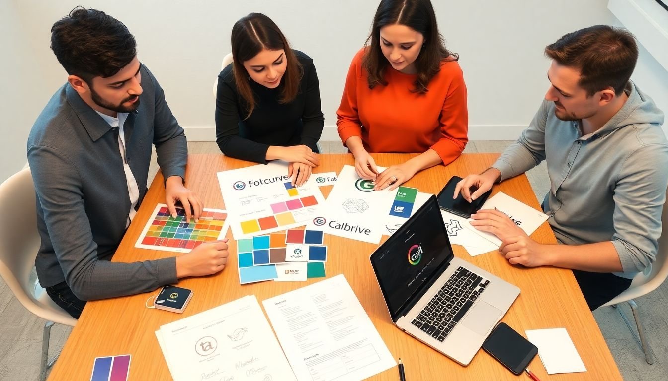 A creative team brainstorming around a table filled with color swatches, typography samples, and logo sketches, with a well-organized brand guideline document open on a laptop.