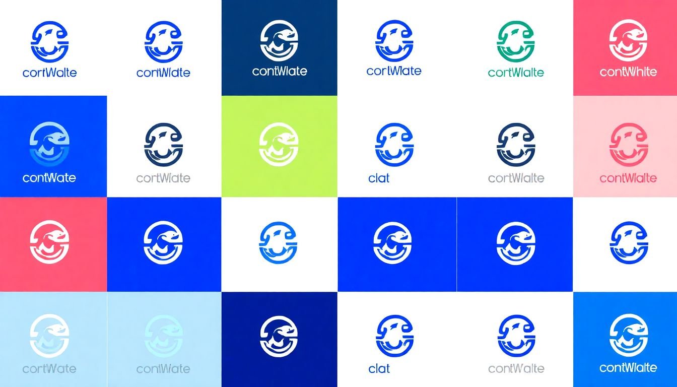 A grid of identical brand elements - logo, color scheme, typography - in various applications, symbolizing consistency.