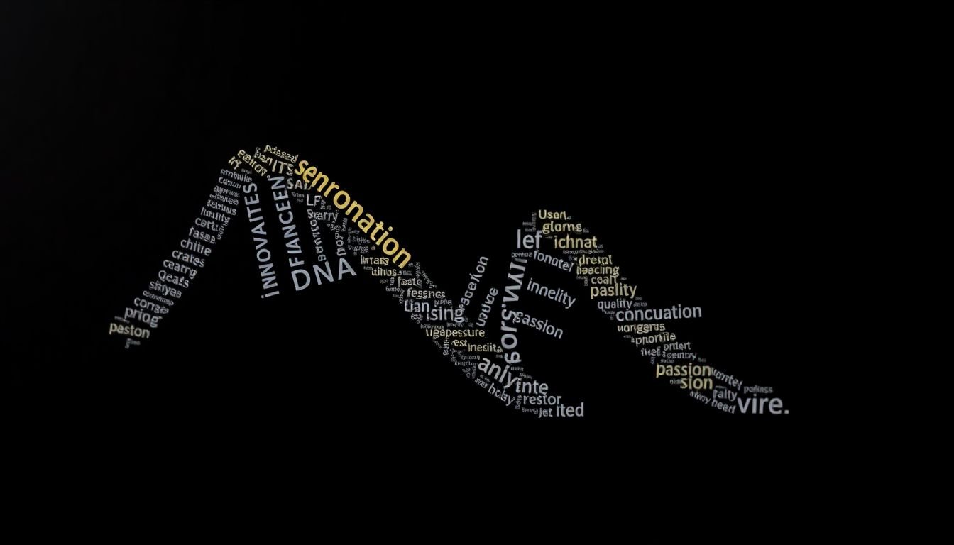 A molecular structure made up of words like 'innovation', 'quality', 'passion', representing a brand's DNA.