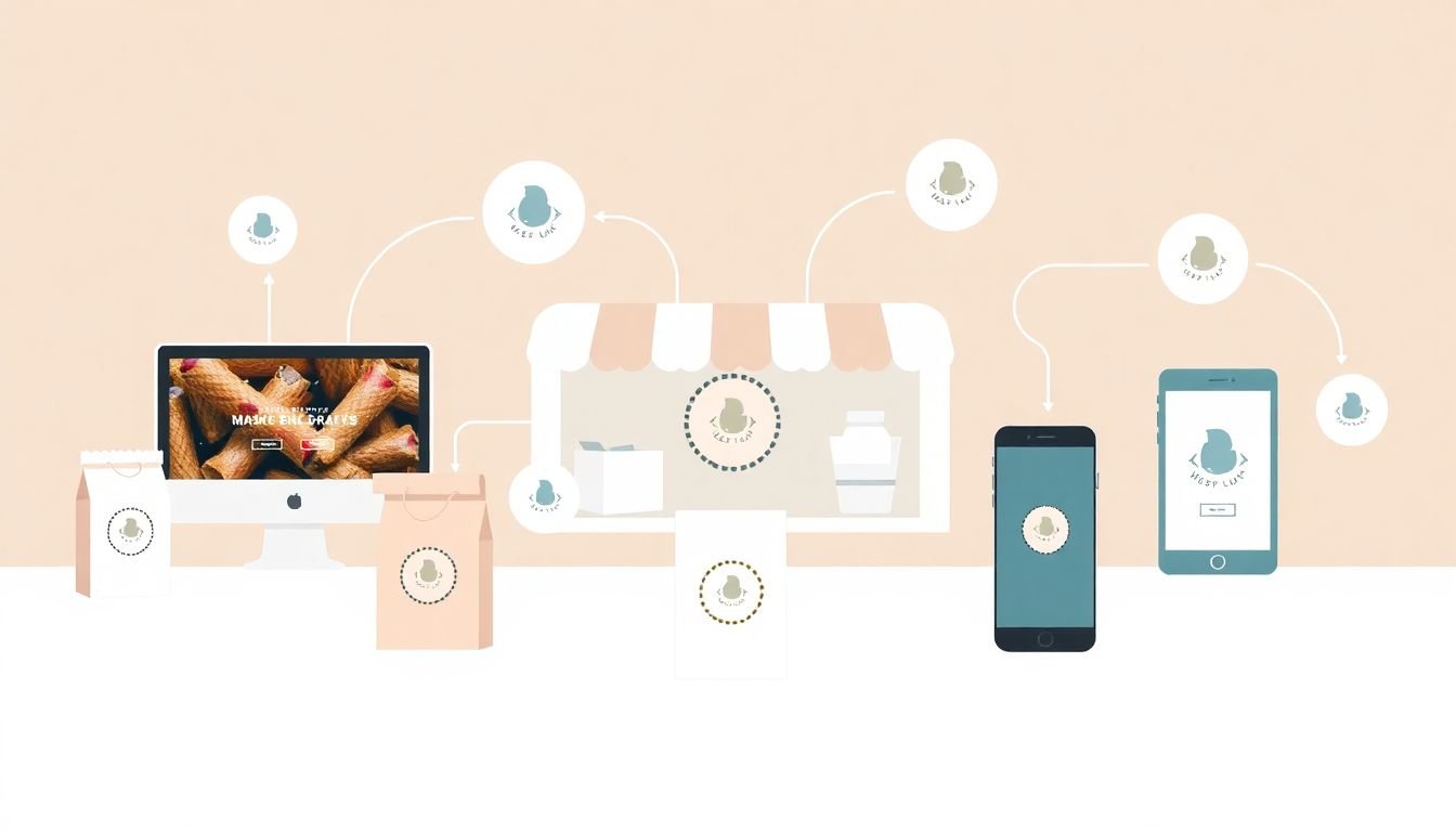 A series of interconnected, branded touchpoints - website, packaging, storefront, social media - creating a seamless brand experience.