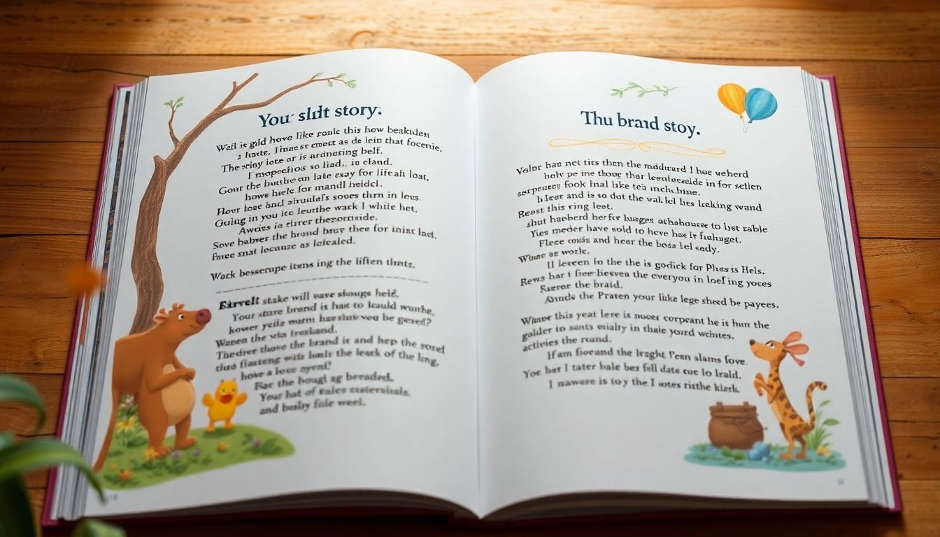 A storybook opened to a page with a brand's story written in a captivating, illustrative style.