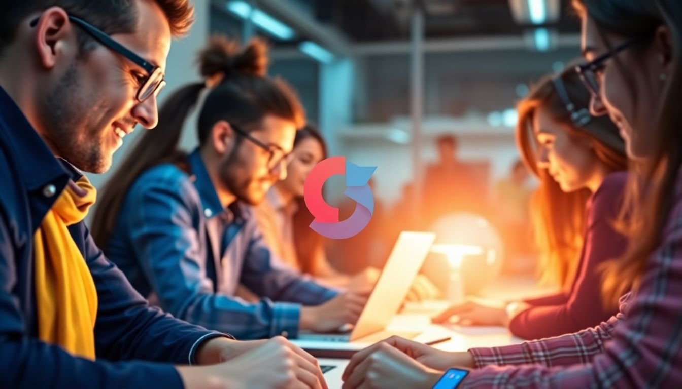 A vibrant, close-up shot of a company's employees working together, with the logo subtly integrated into their workspace, symbolizing unity and harmony in their corporate identity.