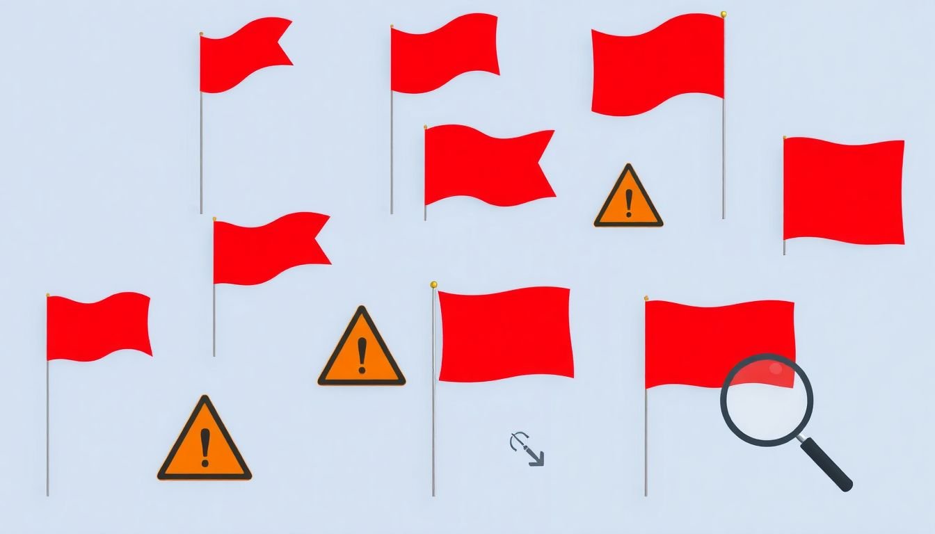 Eight red flags or warning signs, each accompanied by a brief icon or image representing the corresponding issue (e.g., a magnifying glass for 'loss of relevance').