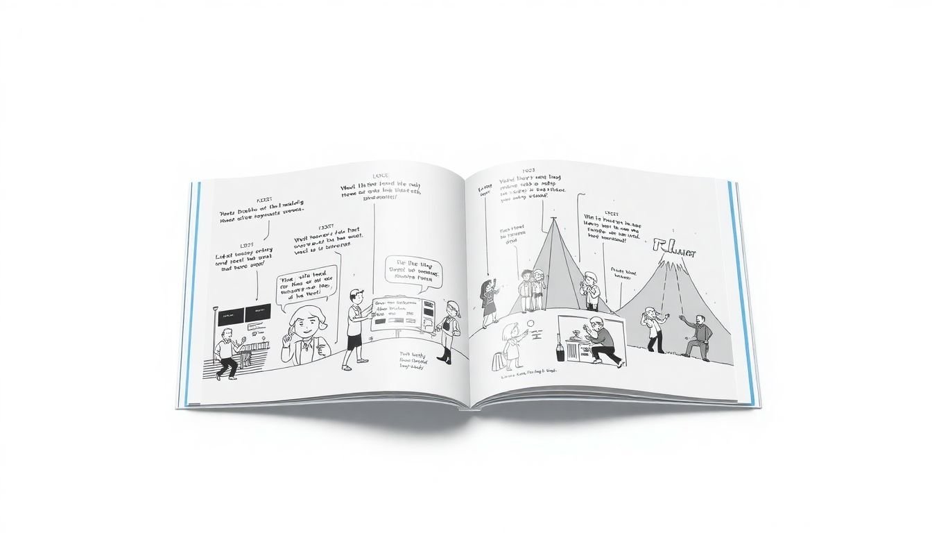 A storybook or comic strip illustrating a brand's journey, from its origins to its current state and future aspirations.
