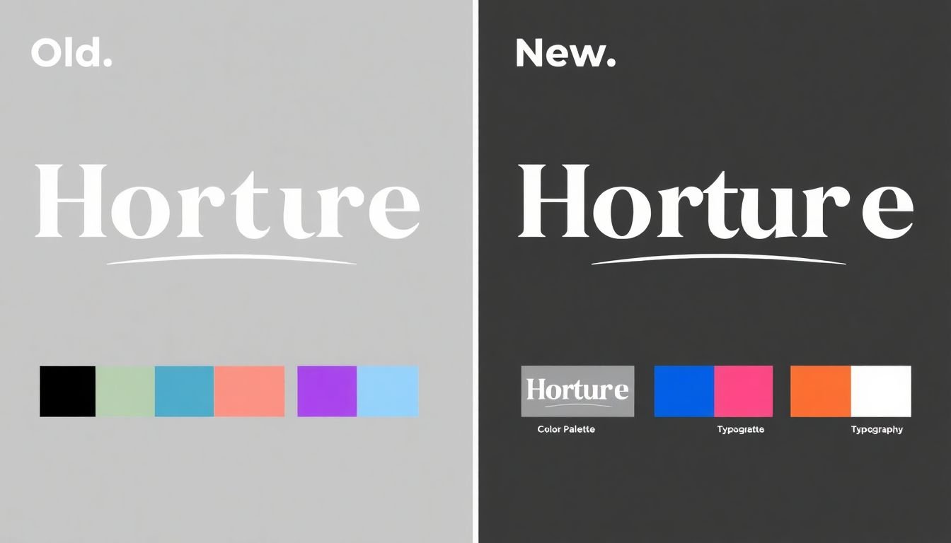 A side-by-side comparison of an old and new logo, with subtle yet impactful changes, accompanied by a color palette and typography samples.