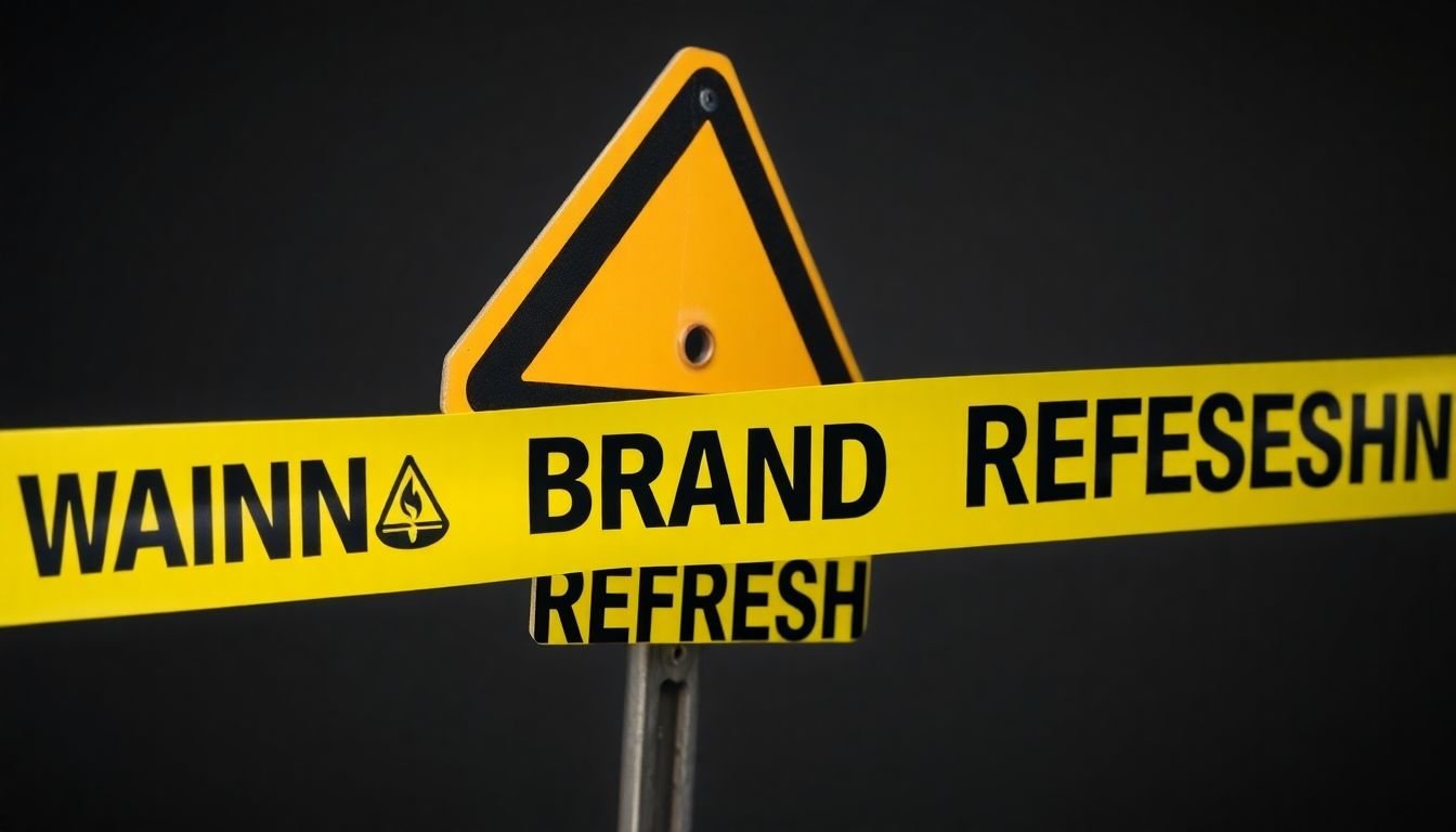 A warning sign or caution tape, with icons or images representing the potential pitfalls of a poorly executed or unnecessary brand refresh.