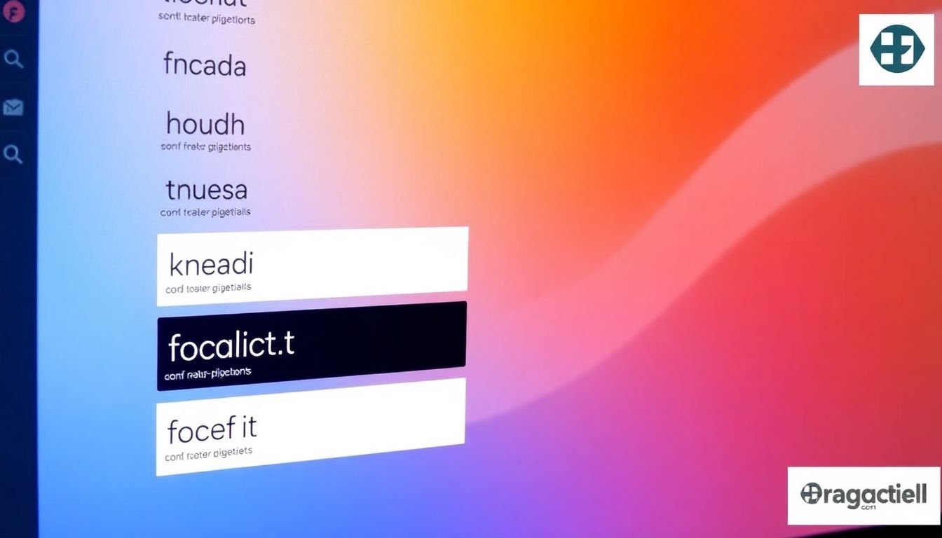 A designer's screen displaying various font pairings and sizes, with a brand logo in the corner.