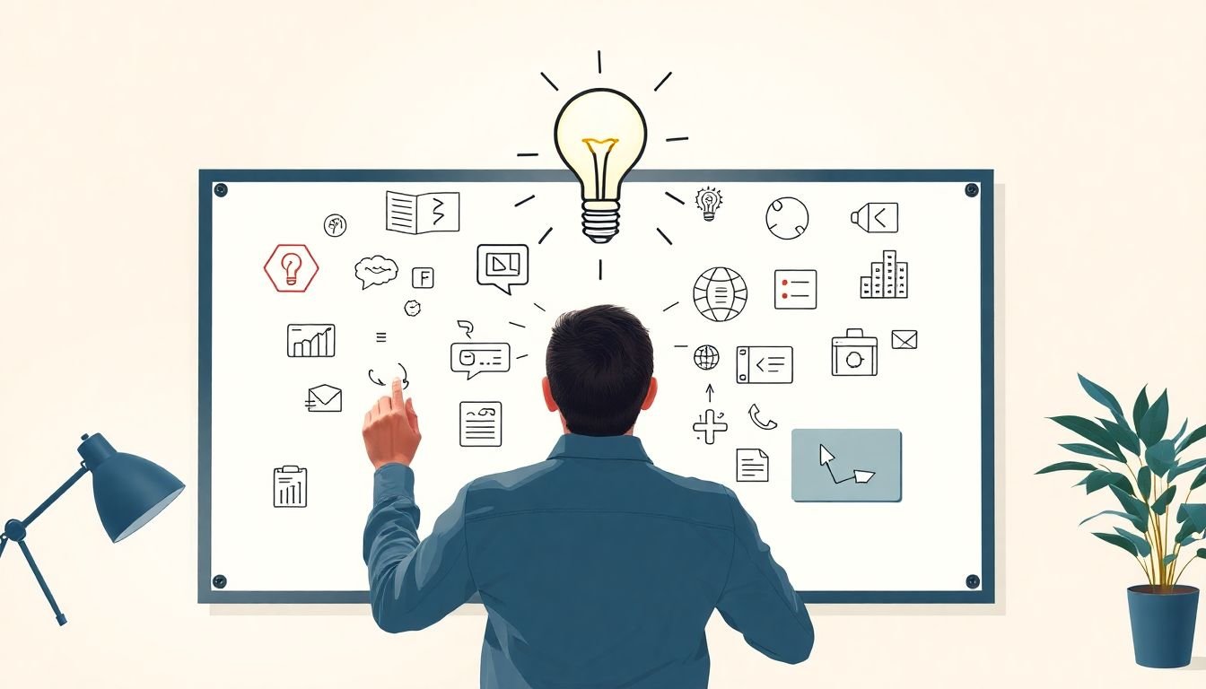 A lightbulb moment illustration of a designer brainstorming visual identity elements on a whiteboard.