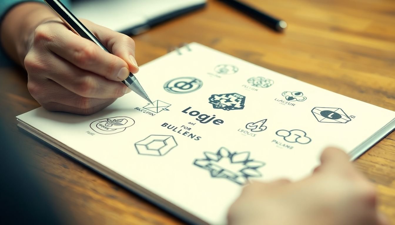 A close-up of a designer's hand sketching various logo concepts on a notepad.