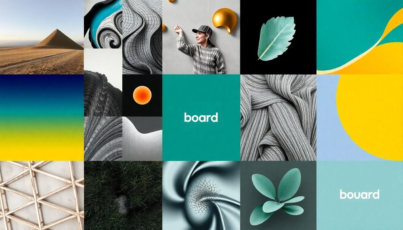 A mood board filled with images, patterns, and textures that reflect a specific brand aesthetic.