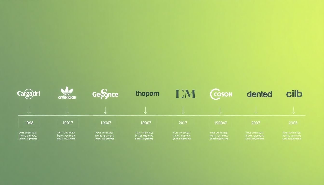 A timeline of a brand's evolution, showcasing consistent visual identity elements over time.