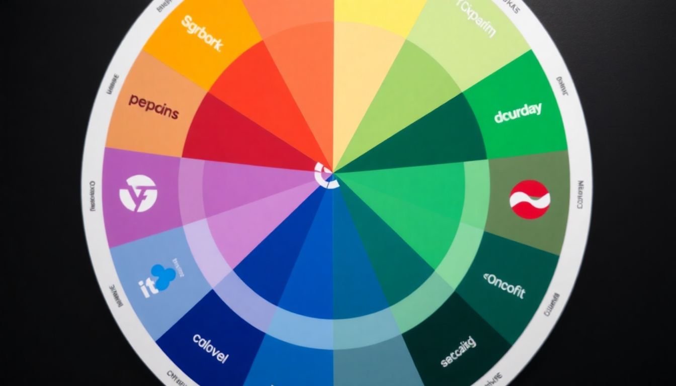 A color wheel with brand logos placed on corresponding colors, demonstrating a cohesive color scheme.