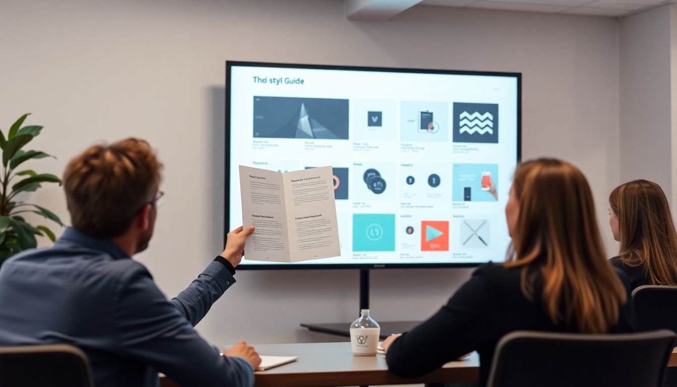 A designer presenting a brand style guide document to a client, with visual examples on a screen behind them.