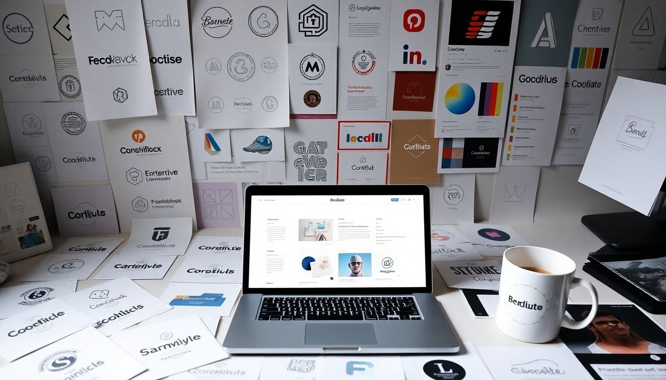 A designer's workspace filled with various logo sketches, color palettes, and social media mockups, with a laptop open to a branding guide, and a coffee cup with a branded sticker.