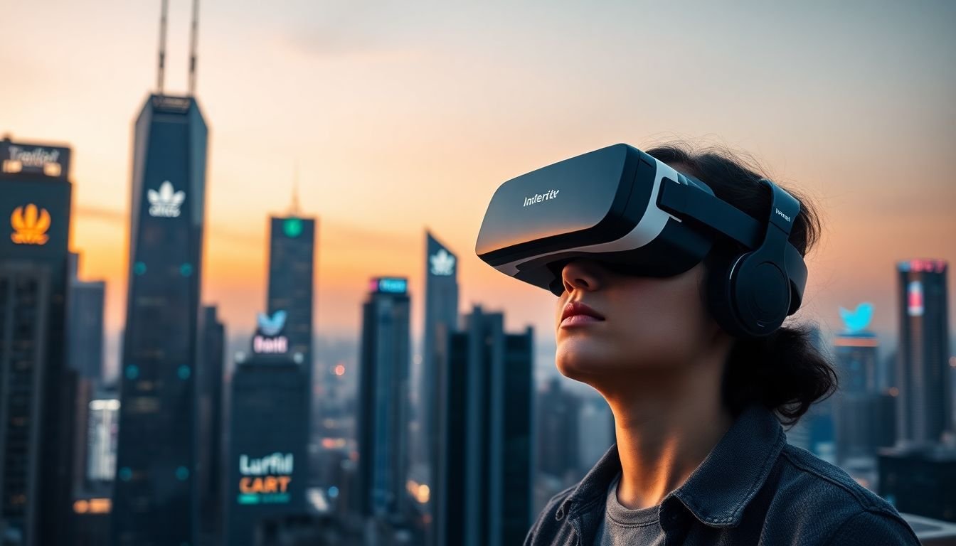 A futuristic cityscape at dusk, with skyscrapers adorned with dynamic, augmented reality brand logos that seem to dance and change color, while a person in the foreground wears virtual reality goggles, ready to immerse themselves in a branded virtual world.