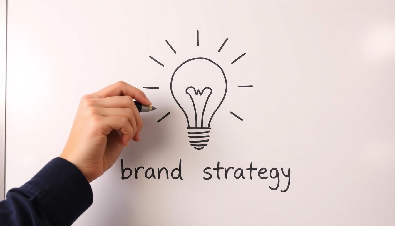 A lightbulb moment - a hand drawing a lightbulb symbol on a whiteboard, with the words 'brand strategy' written around it.