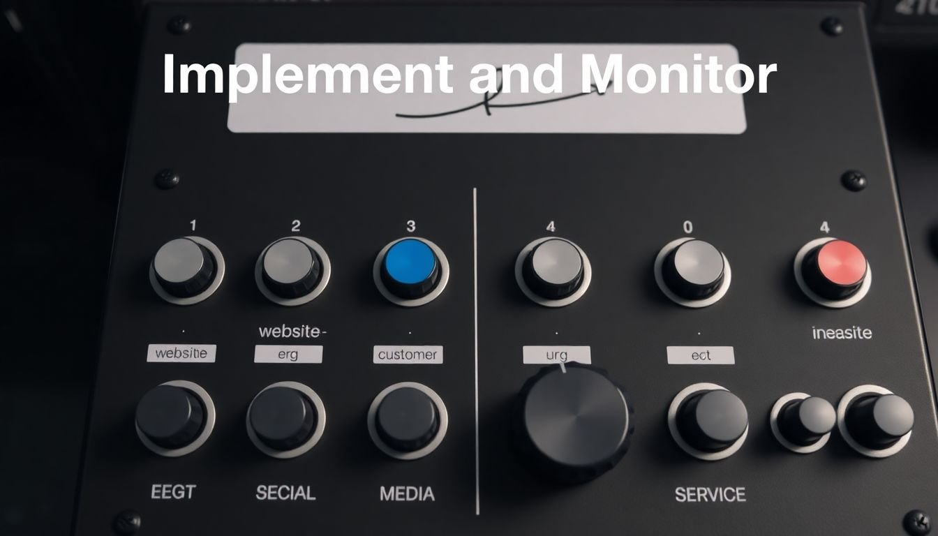 A control panel with various switches and dials, each labeled with a different touchpoint (e.g., website, social media, customer service), with the words 'Implement and Monitor' written above it.