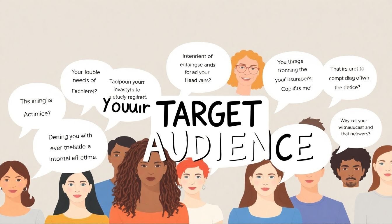 A diverse group of people, each with a speech bubble containing their unique needs and preferences, surrounded by the words 'Your Target Audience'.