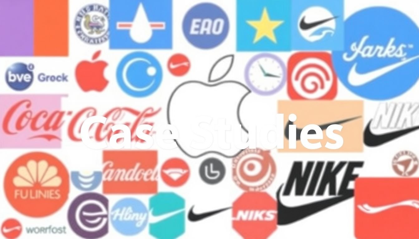 A collage of successful brand logos (e.g., Apple, Coca-Cola, Nike), with the words 'Case Studies' written around it.