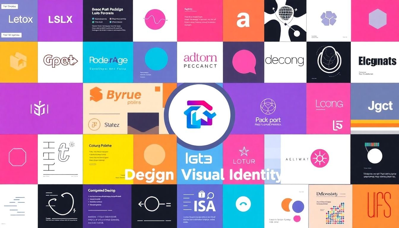 A design palette with various colors, fonts, and shapes, with a logo in the center, surrounded by the words 'Design Your Visual Identity'.