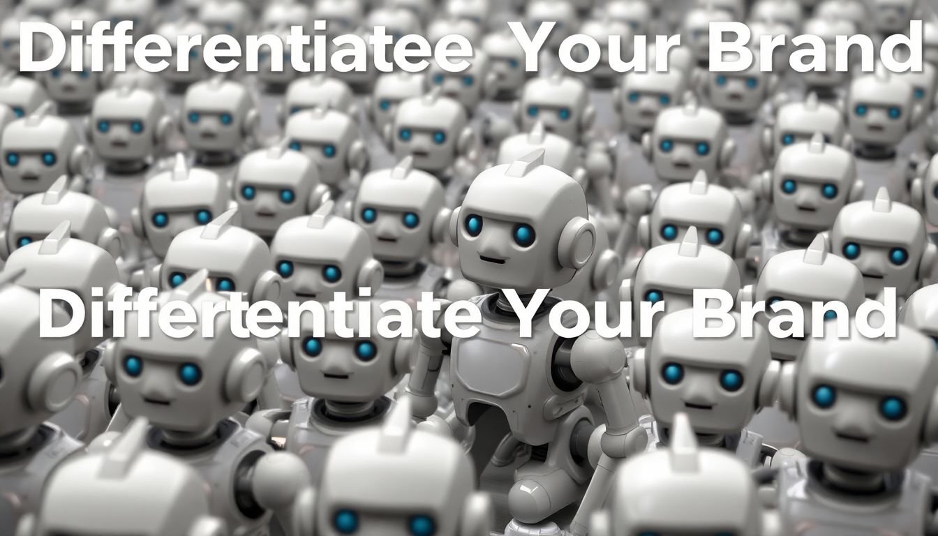 A crowd of identical robots, with one robot standing out due to unique features, with the words 'Differentiate Your Brand' written around it.