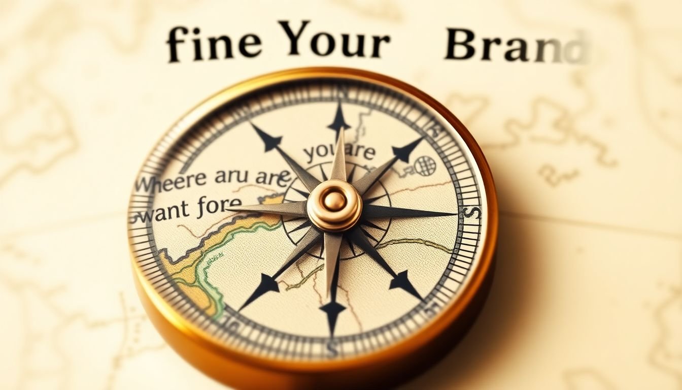 A compass with a map, showing the path from 'Where you are' to 'Where you want to be', with the words 'Define Your Brand' written around it.