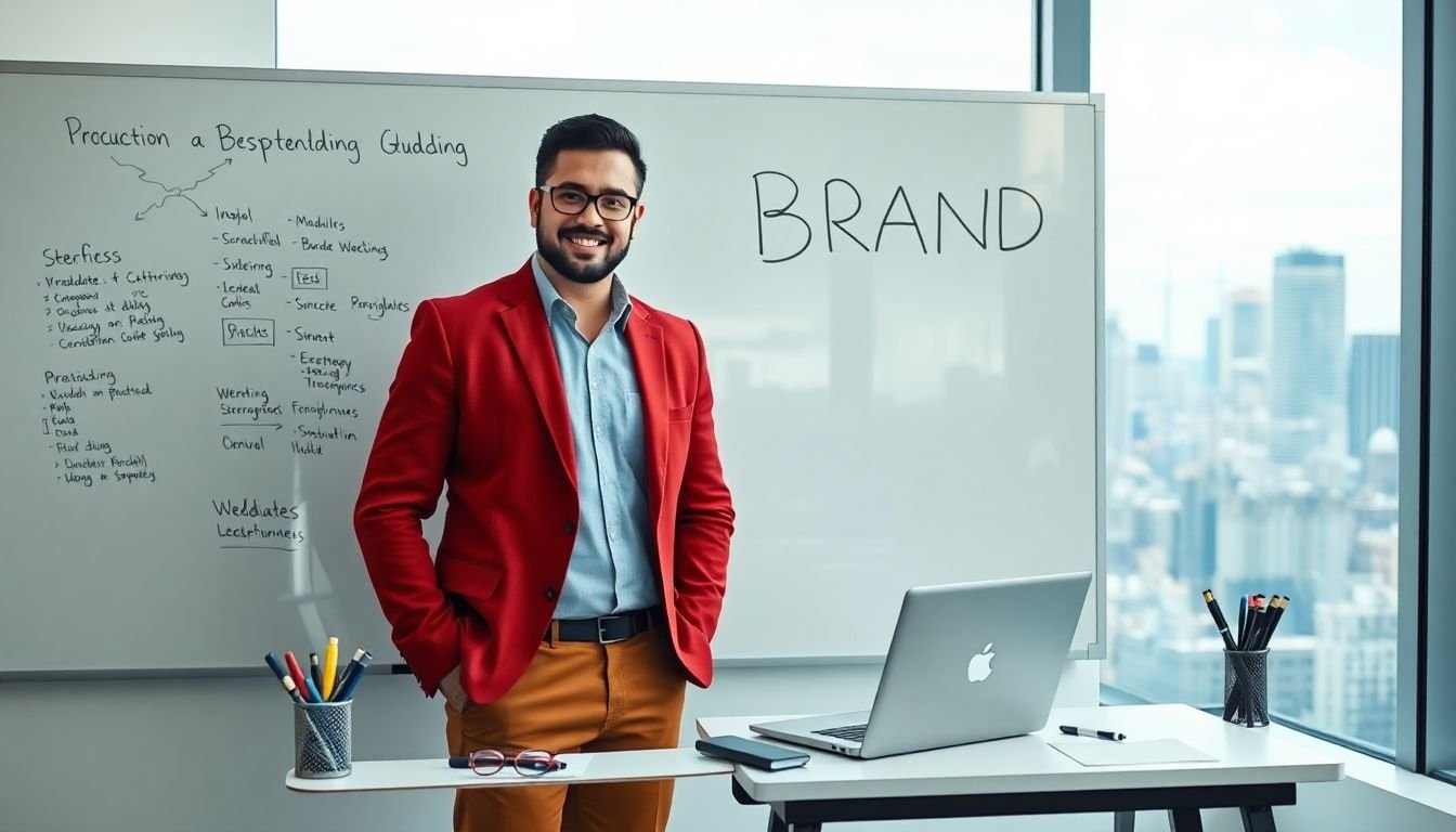 A confident business owner standing in front of a whiteboard, surrounded by brainstorming notes, markers, and a laptop, with a city skyline visible through the window, symbolizing the growth and success that comes with a solid brand strategy.