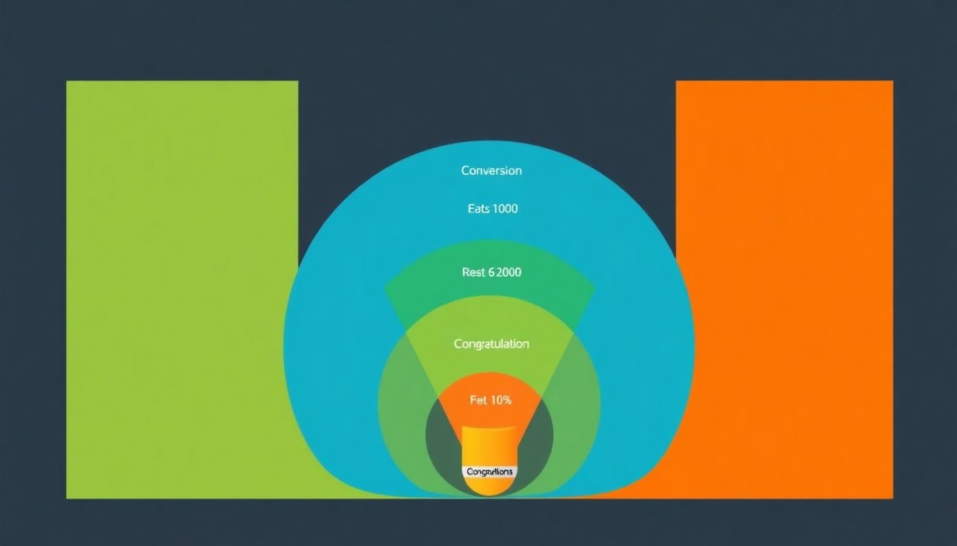 A funnel diagram showing high conversion rates, with a 'congratulations' message at the end.