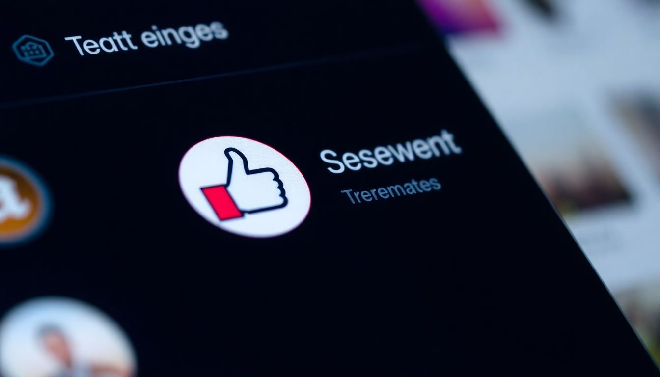 A social media platform interface showing high engagement rates, with a 'thumbs up' icon prominent in the center.