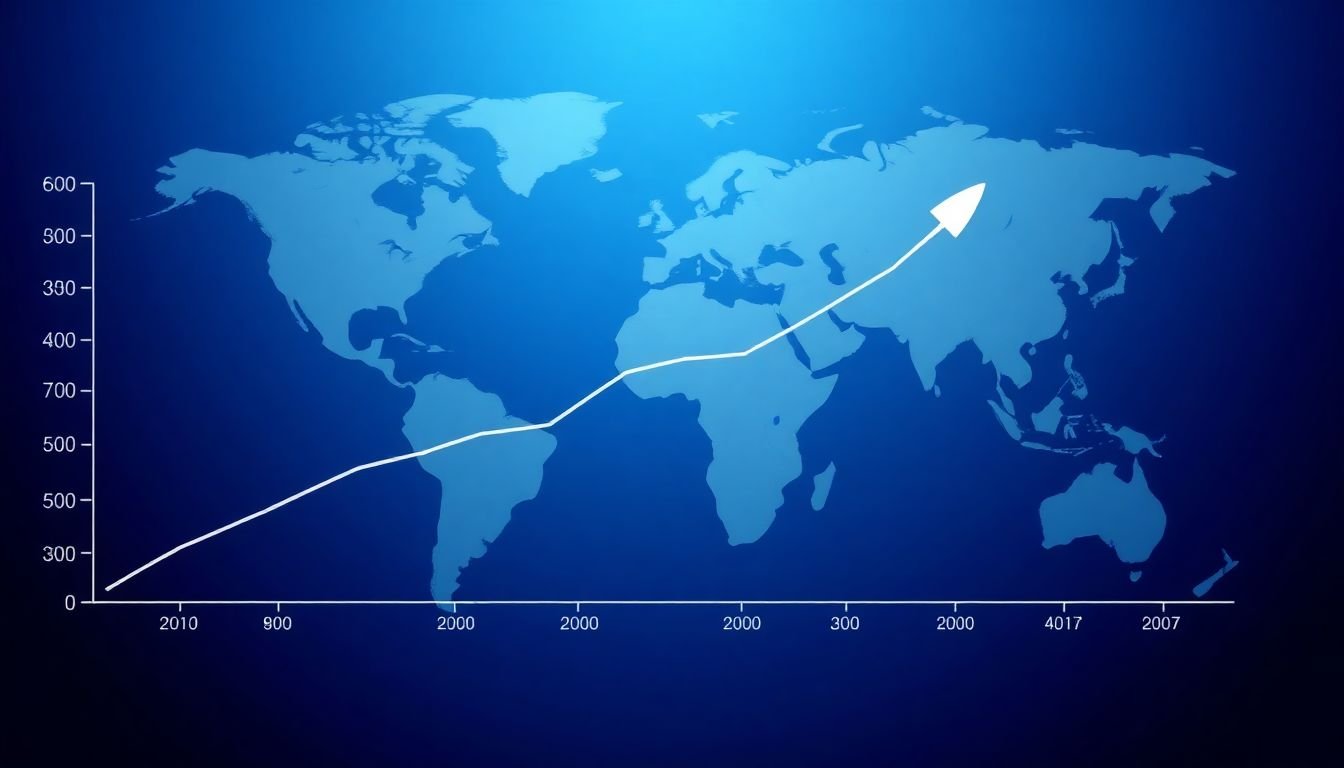 A graph showing the increase in brand awareness over time, with a world map in the background indicating global reach.