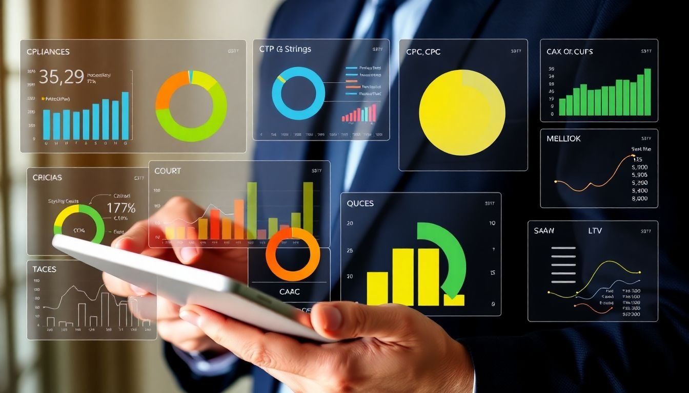 A CMO holding a tablet, swiping through various dashboards displaying metrics like CTR, CPC, CAC, and LTV.
