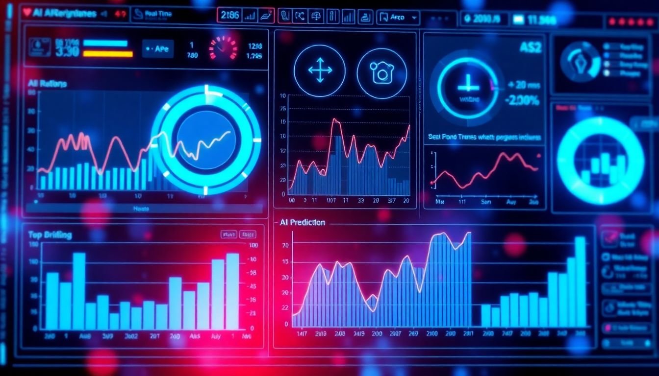 A futuristic AI interface with graphs and charts displaying real-time data analysis and predictions.