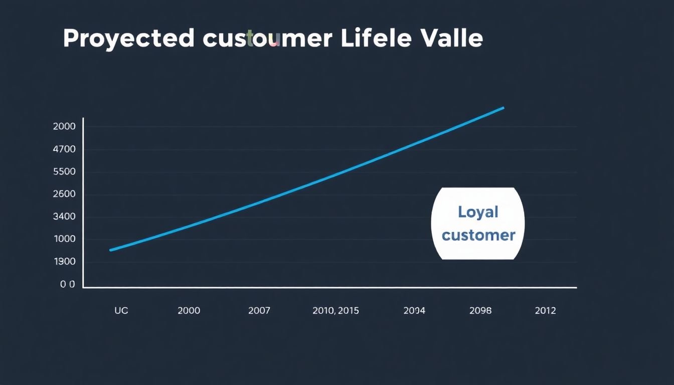 A graph showing the projected customer lifetime value over time, with a 'loyal customer' icon in the corner.