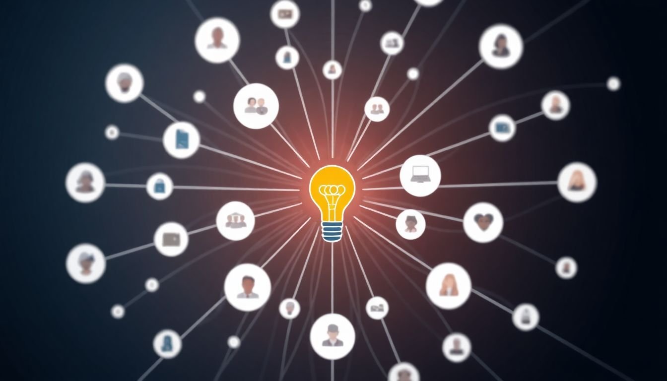 A complex web of interconnected nodes representing various touchpoints, with a 'lightbulb' moment illustration in the center.