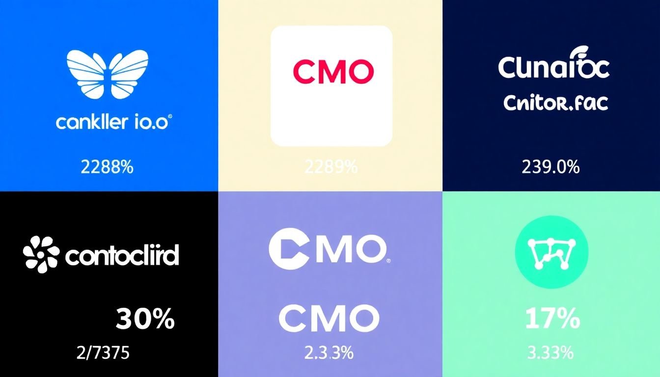 A collage of successful CMOs with their respective brand logos and ROI growth statistics.