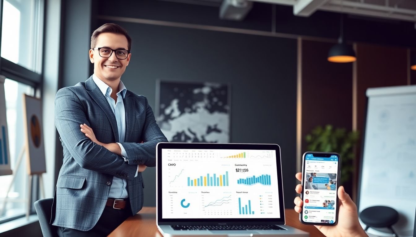 A confident CMO standing in a modern office, surrounded by graphs and charts showing positive trends, with a laptop open to a dashboard displaying various marketing metrics, and a smartphone showing real-time social media engagement.