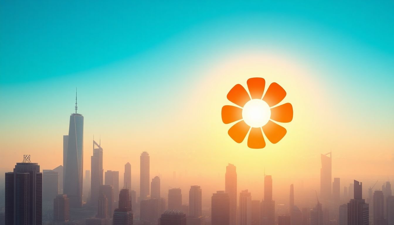 A futuristic cityscape with a brand logo as the sun, symbolizing the future of rebranding.