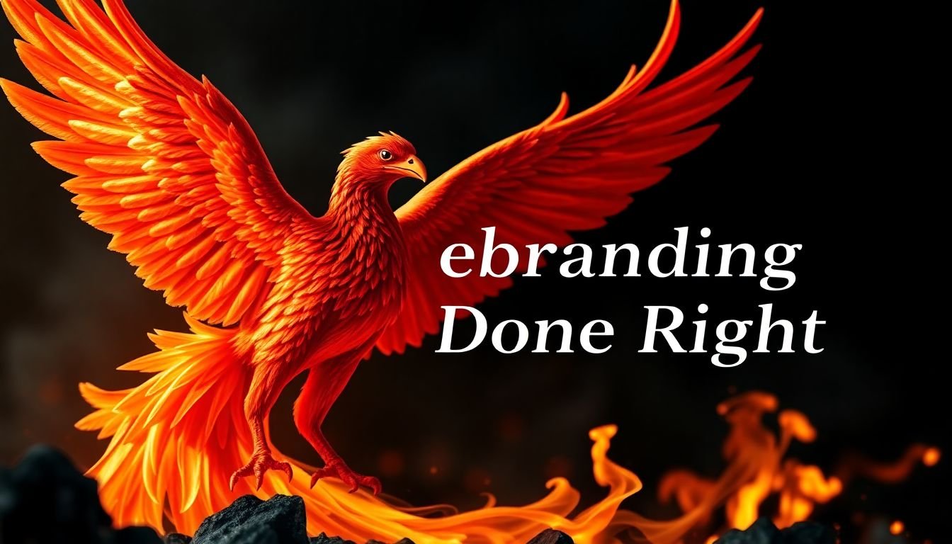 A dynamic, close-up shot of a phoenix rising from the ashes, symbolizing rebirth and transformation, with the words 'Rebranding Done Right' elegantly incorporated into the image.