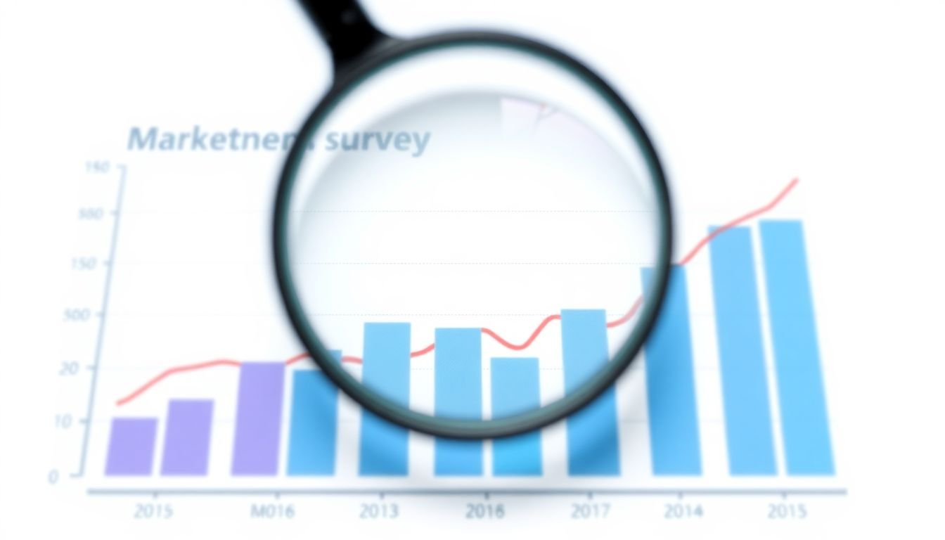 A graph showing the results of a consumer survey, with a magnifying glass hovering over it, symbolizing the importance of market research in the rebranding process.