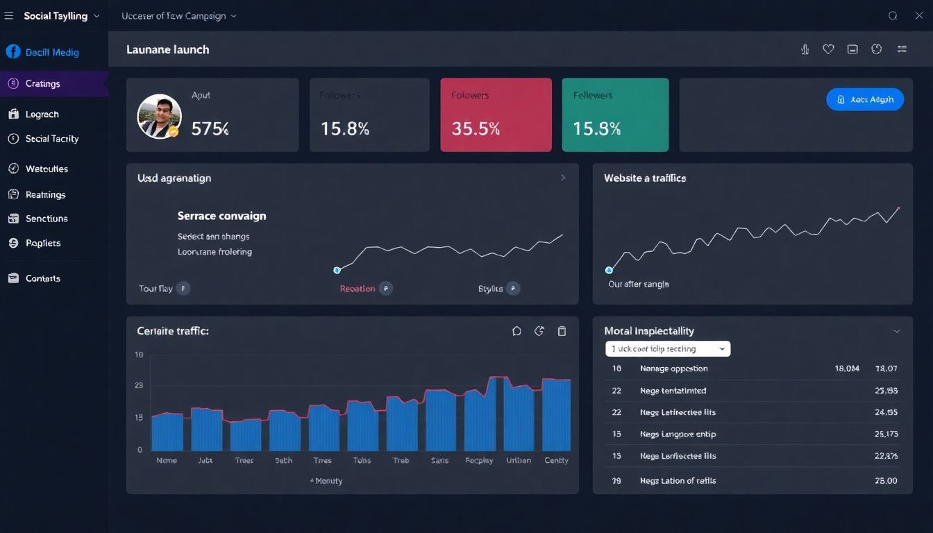 A social media dashboard showing a successful launch campaign, with increased engagement, followers, and website traffic.