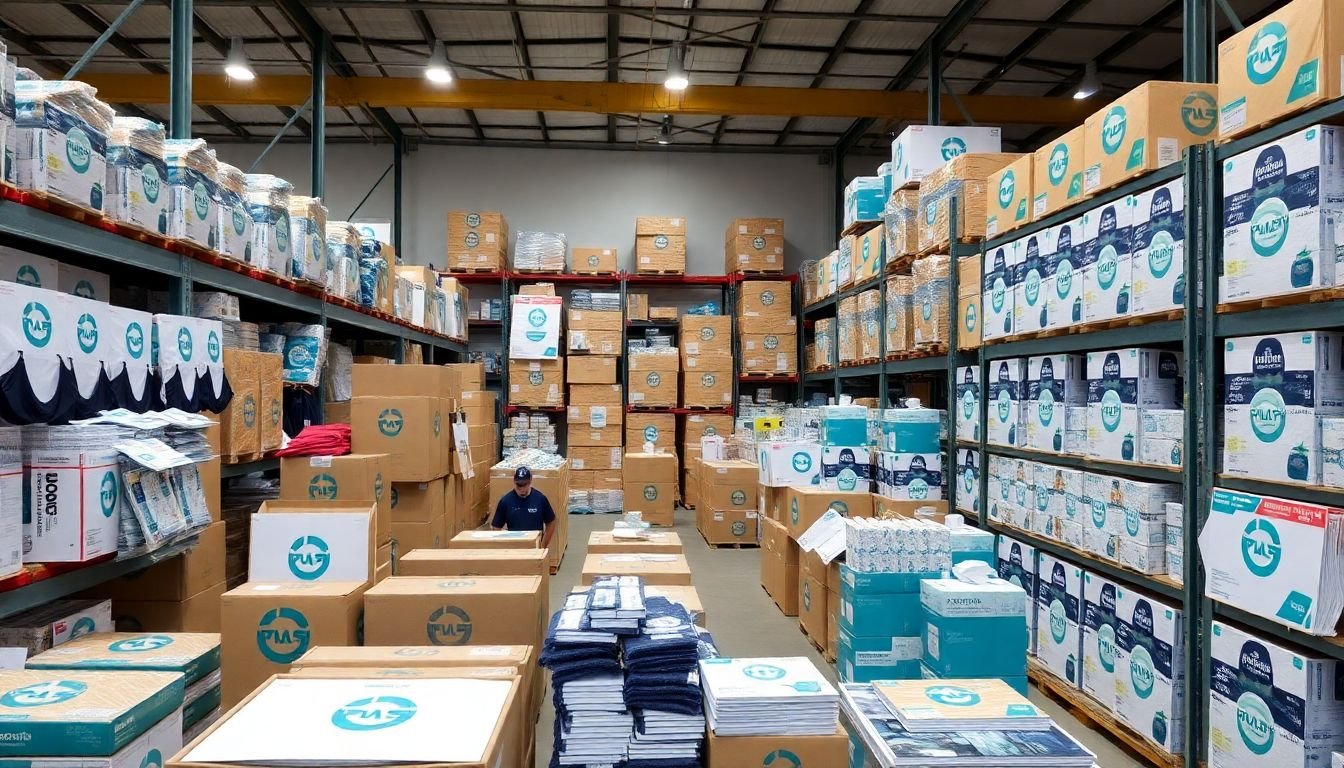 A warehouse filled with branded merchandise, packaging materials, and marketing collateral, all bearing the new logo and color scheme.