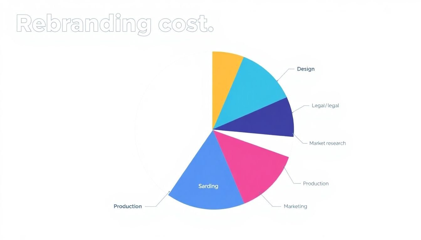 An infographic showing a pie chart breakdown of rebranding costs, with slices for market research, design, legal, production, and marketing, among others.
