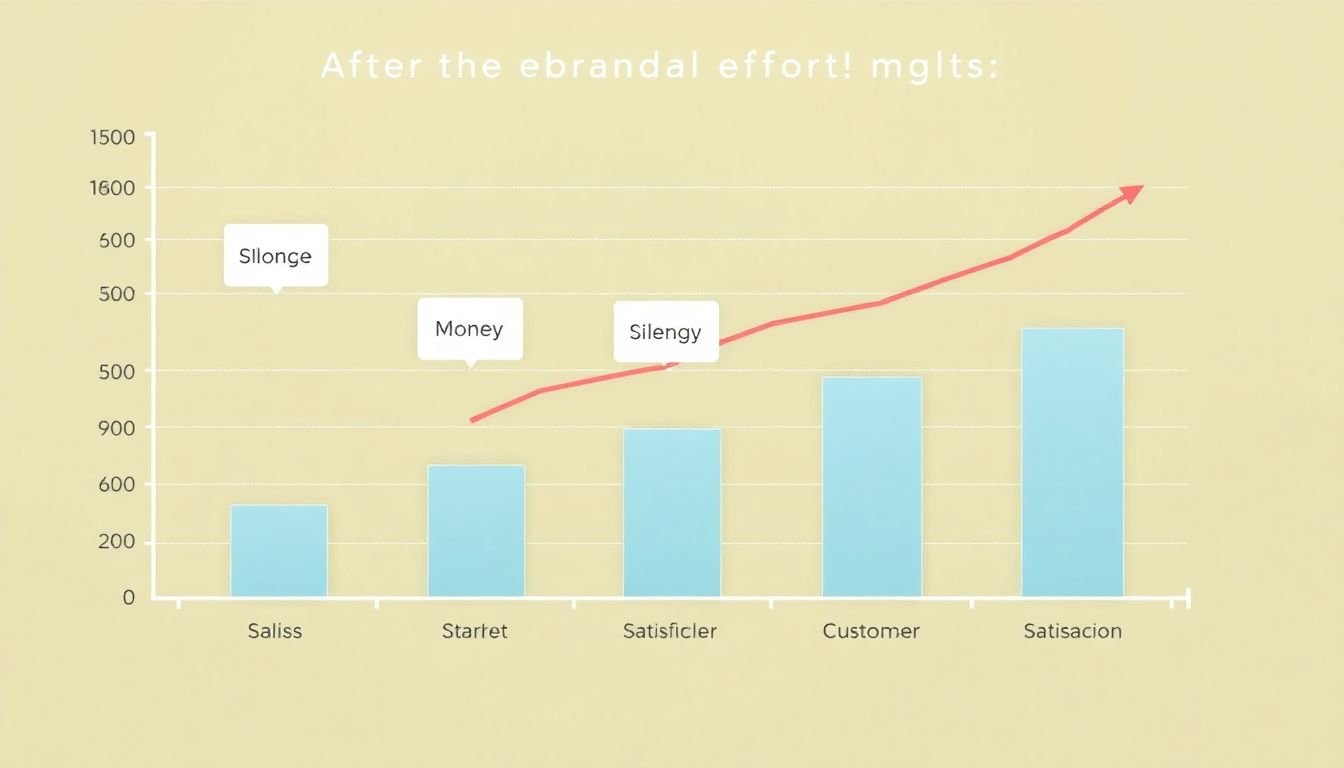 A bar graph showing an increase in sales, market share, and customer satisfaction after a successful rebranding effort.