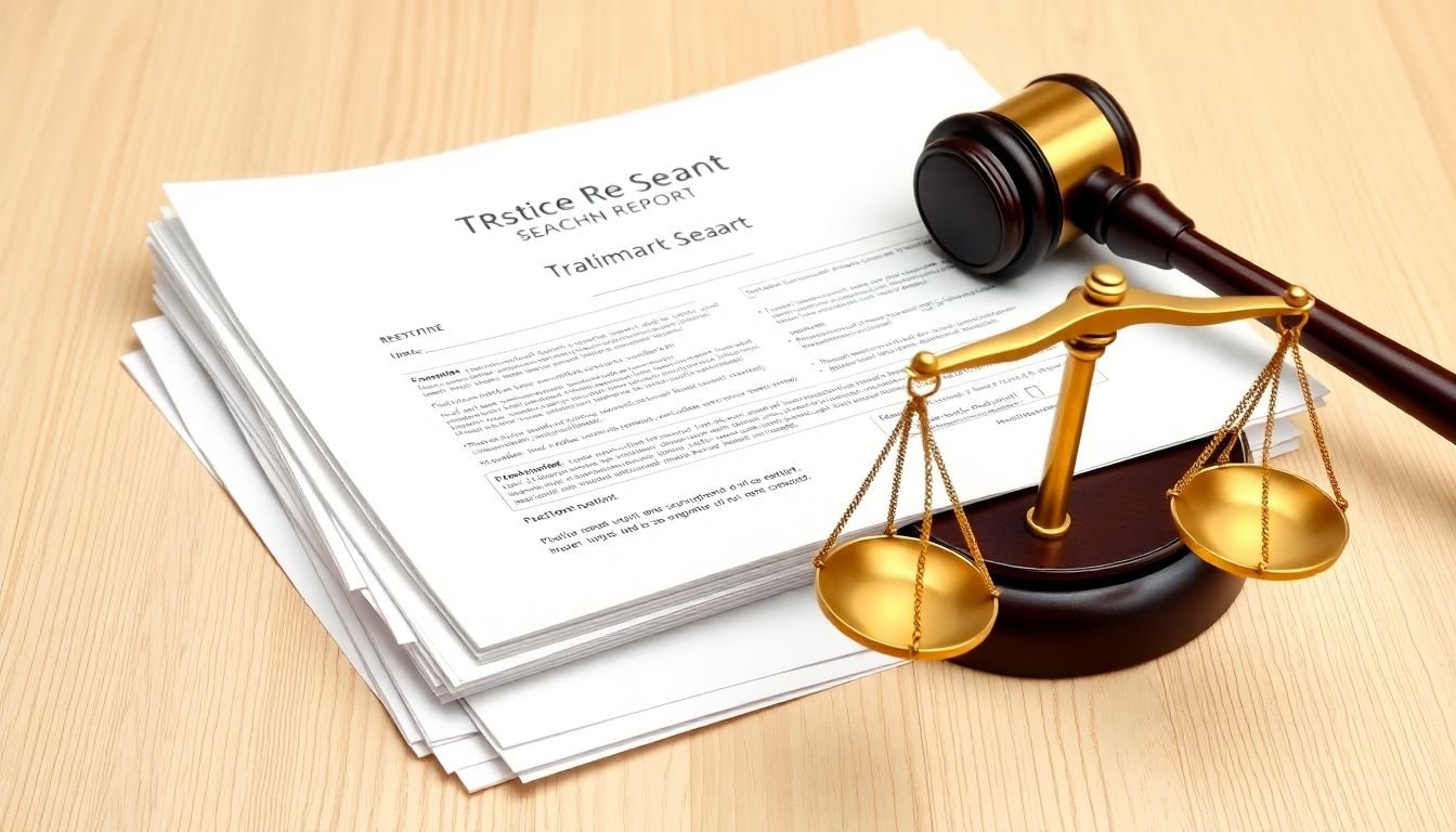 A stack of legal documents, including a trademark search report and registration forms, with a gavel and scales of justice resting on top.