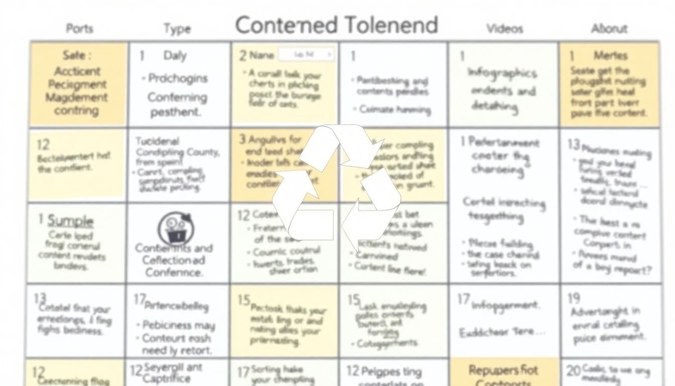 A content calendar filled with various types of content - blog posts, infographics, videos, and more - with a recycling symbol highlighting the repurposing process.