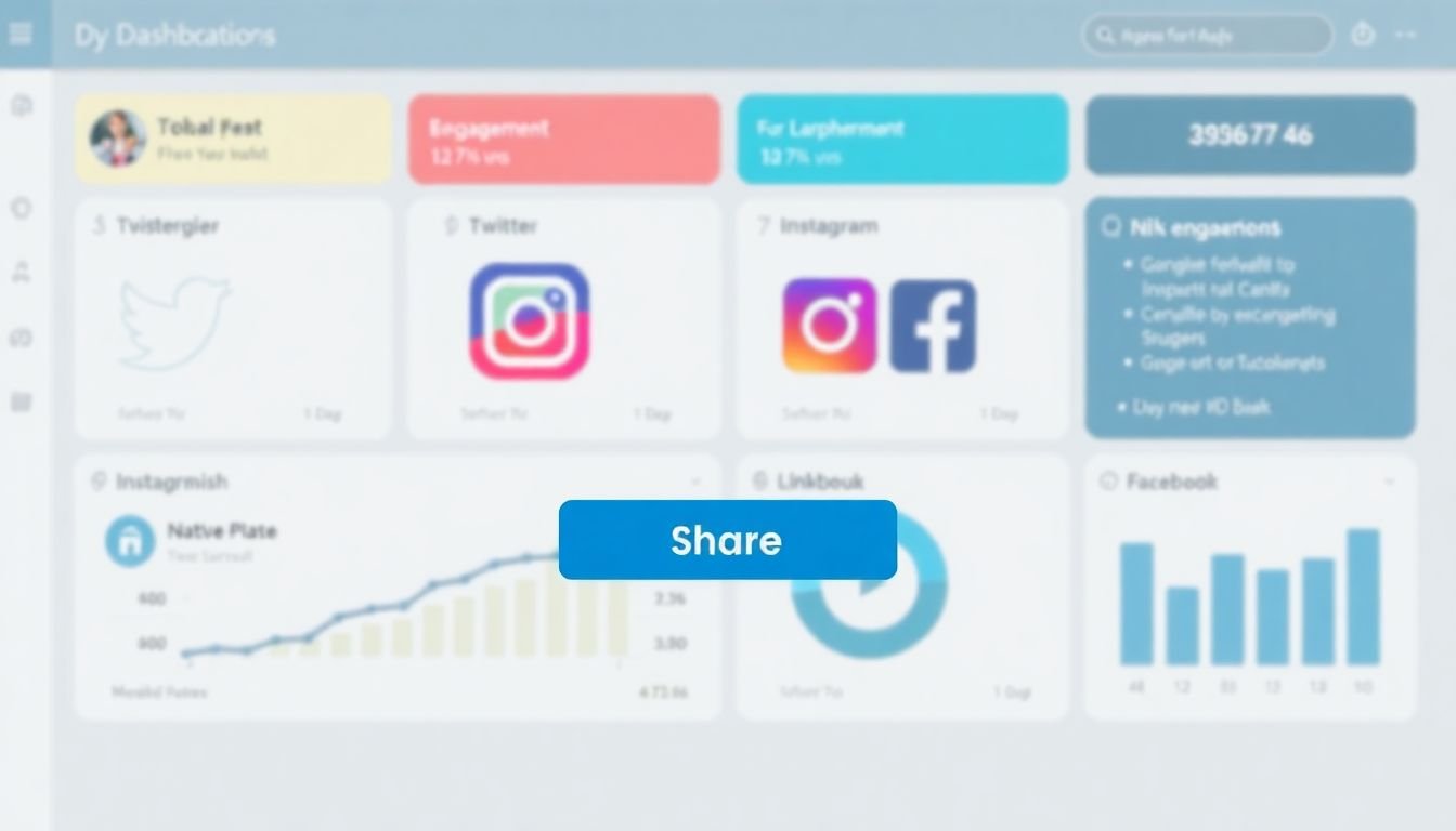 A social media dashboard displaying high engagement metrics for various platforms - Twitter, Instagram, Facebook, and LinkedIn - with a share button prominently featured.