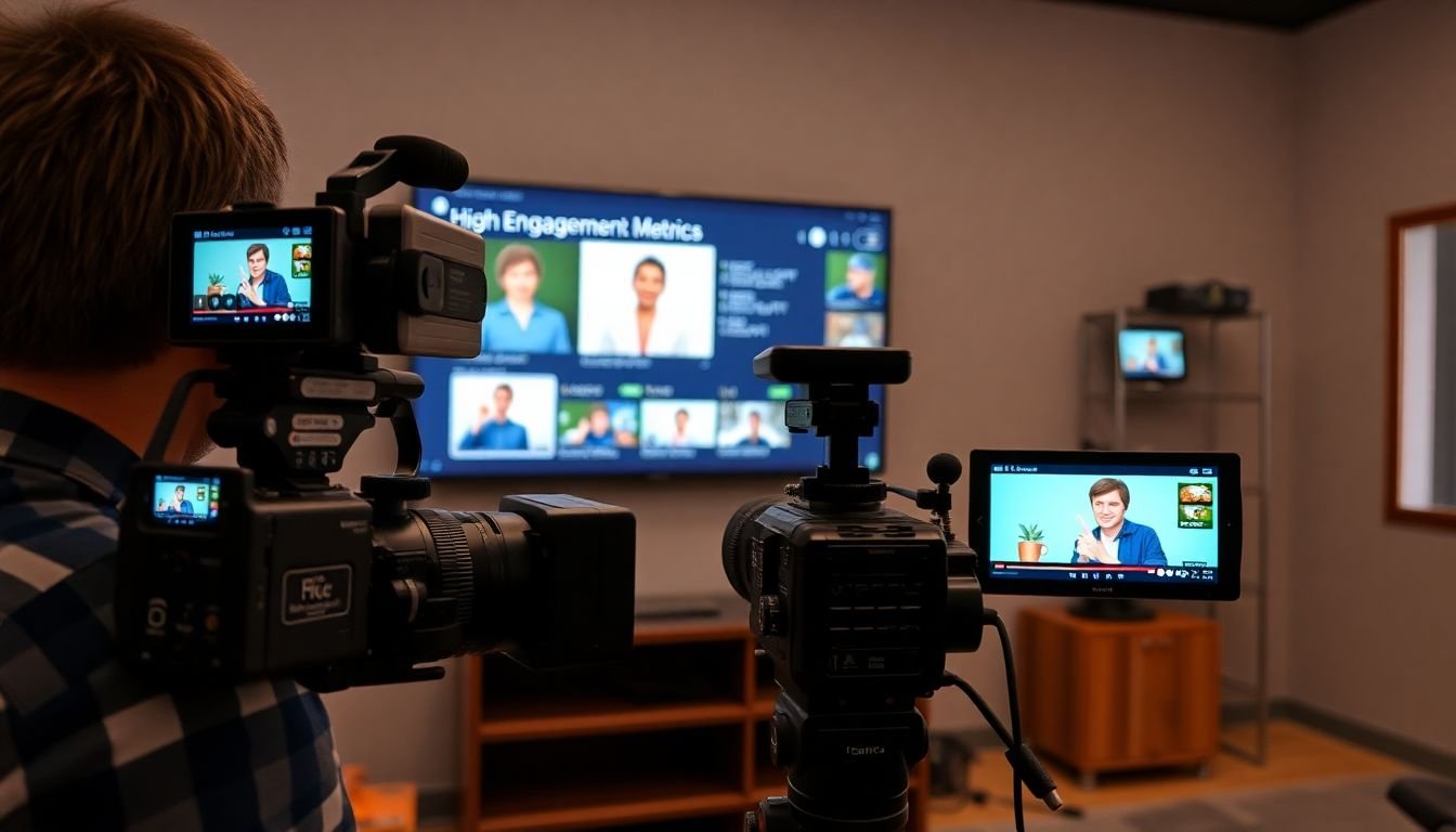 A camera crew filming a variety of videos - interviews, tutorials, animations, and more - with a TV screen in the background displaying high engagement metrics.