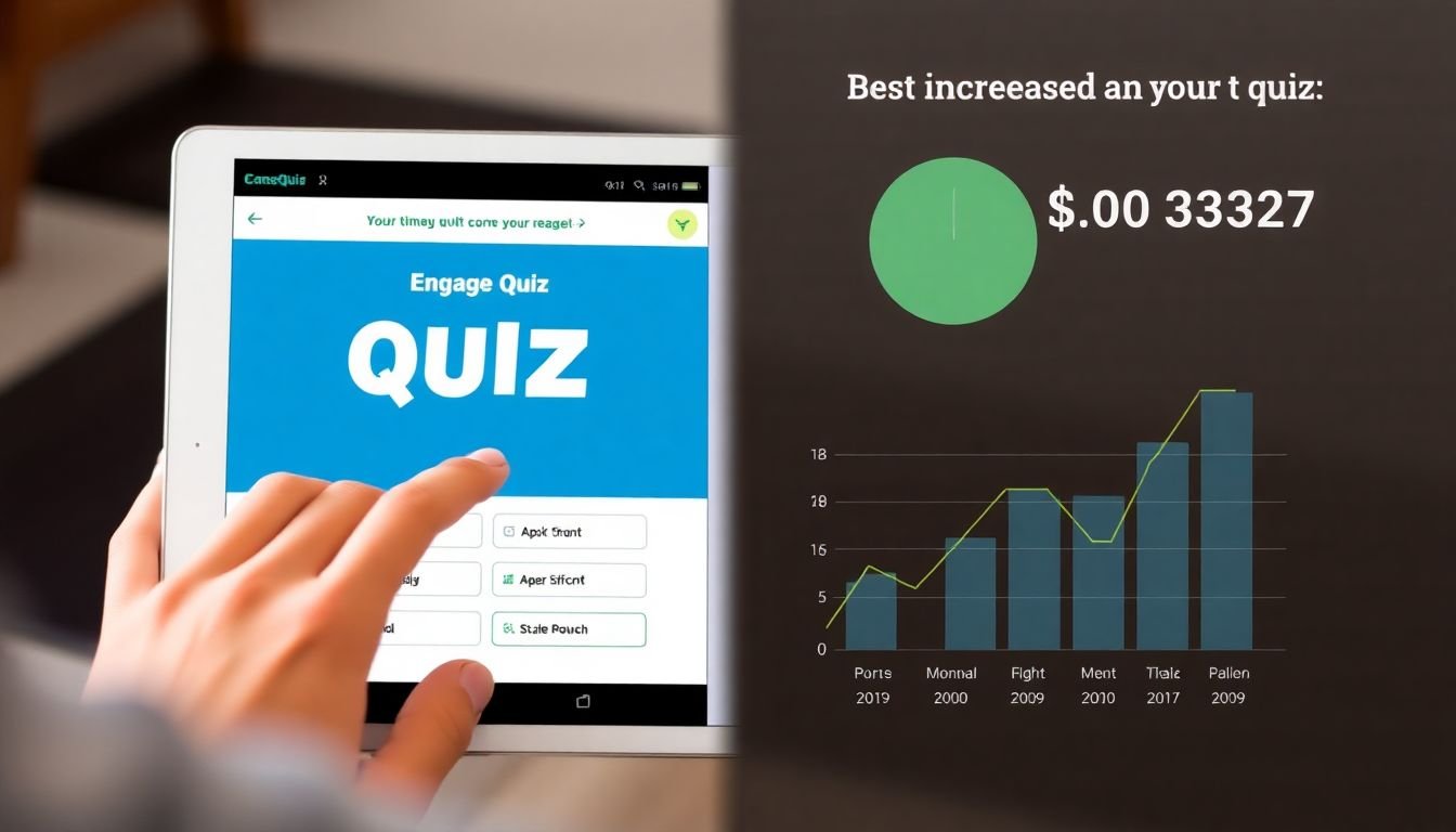 A user interacting with an engaging quiz on a tablet, with a graph showing increased time spent on the page and conversions.