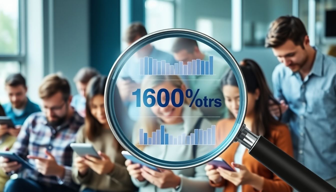 A diverse group of people interacting with different types of content on their devices, with a magnifying glass highlighting the key demographic data.